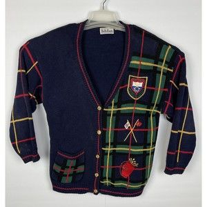 Vintage Belle Pointe Navy Blue Large Cardigan Script Sweater Golf